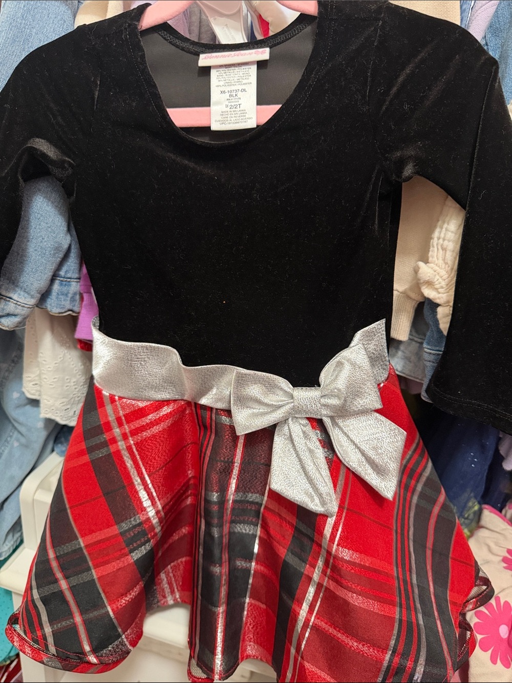 Bonnie Jean Black Velvet Top Red Plaid Skirt Silver Bow Girls Formal Dress